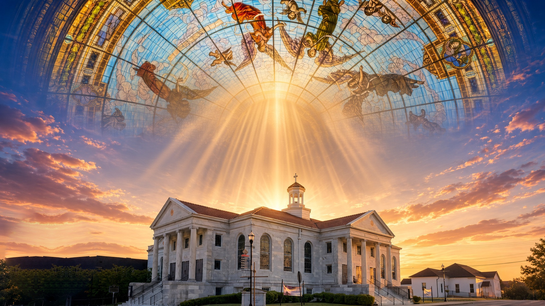 Jasper First Methodist Church at sunset beneath the stained-glass dome, with golden light rays over the sanctuary