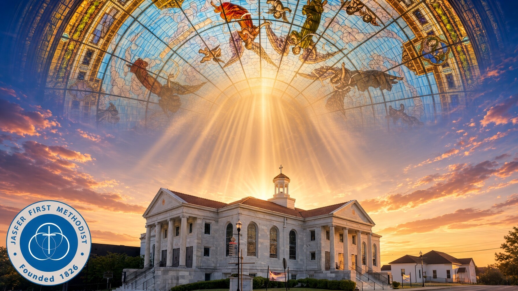 Jasper First Methodist Church at sunset beneath the stained-glass dome, with golden light rays over the sanctuary