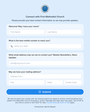 Text In Church sign-up form for Jasper First Methodist Church