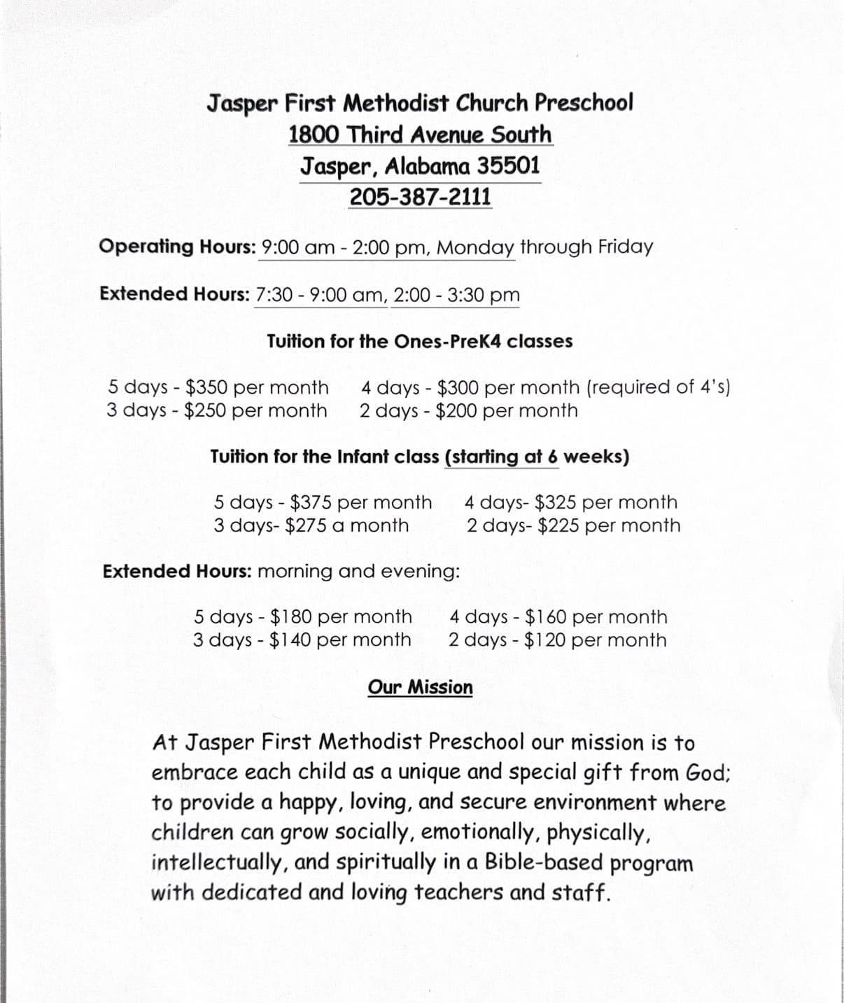Jasper First Methodist Preschool hours, tuition, and mission